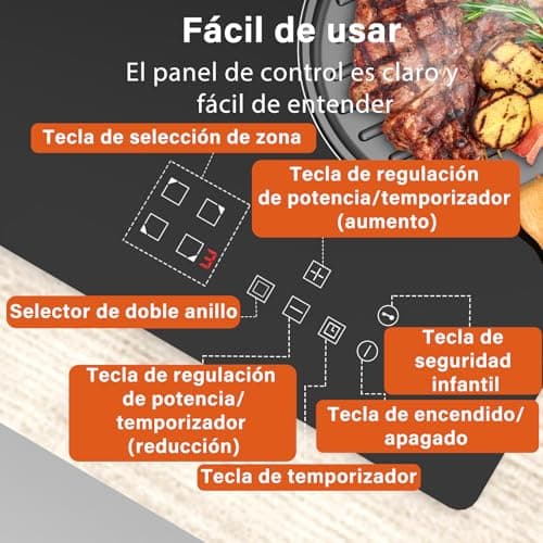 Detalle de TOPWISH Topwish placa vitrocerámica encastrable de 60 cm y 4 fuegos con doble zona y temporizador