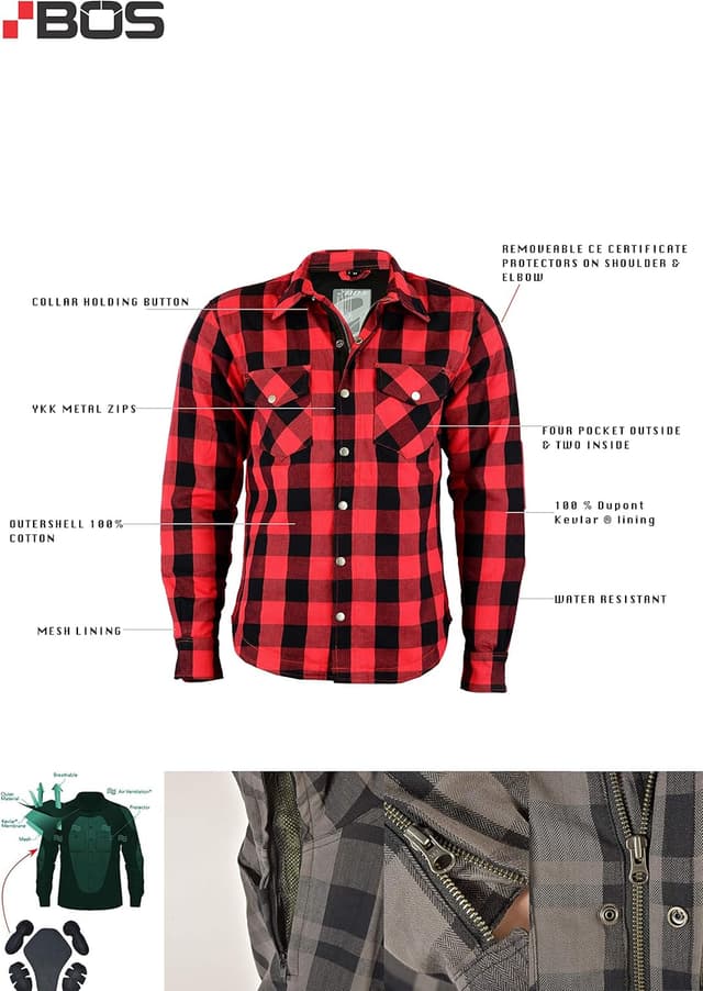 Detalle de BOSMOTO Lumberjack Hemd für Herren – Motorradhemd mit 100% Dupont-Kevlar Verstärkung