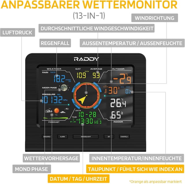 Thumbnail 1 de Radioddity Raddy WF-100C Lite stazione meteo WiFi 13-in-1 con sensore esterno e app
