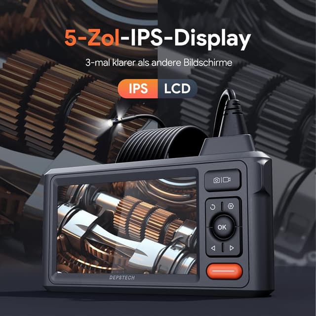 Detalle de DEPSTECH 15 m Endoskopkamera mit Licht (DS620), 8 mm, 5" IPS, Triple-Lens, IP67, 1080P und 32-GB-Karte