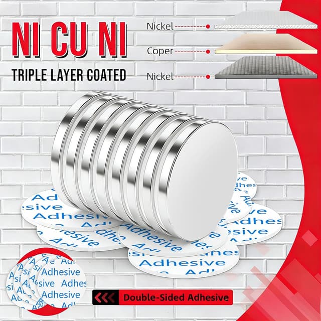 Detalle de 12 x 30 x 3 mm Neodym-Scheibenmagnete (8 kg Zugkraft) mit doppelseitigem Klebstoff – Extra starke Kühlschrankmagnete