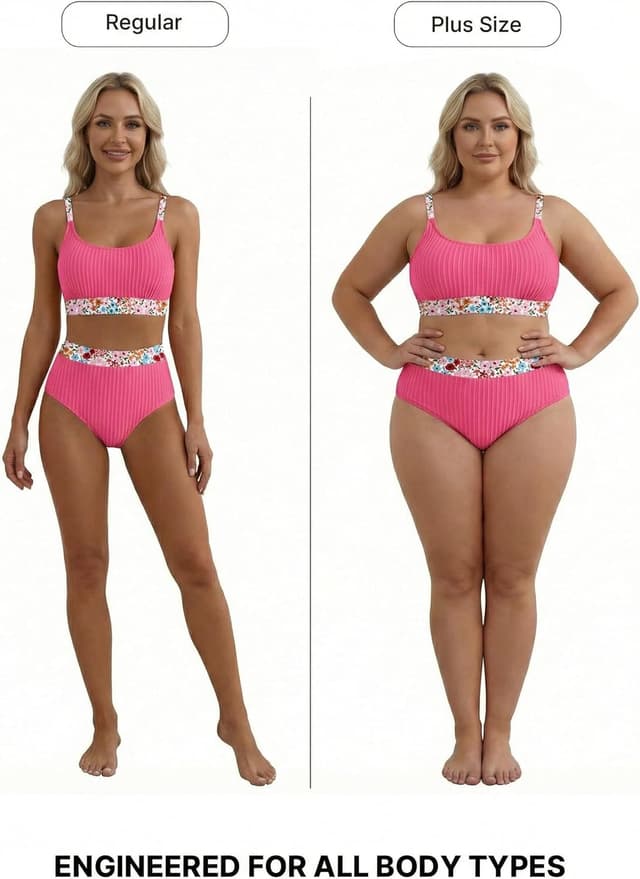 Detalle de Herseas Women's Textured Bikini Sets Floral Print Trim Scoop Neck (High-Waisted)