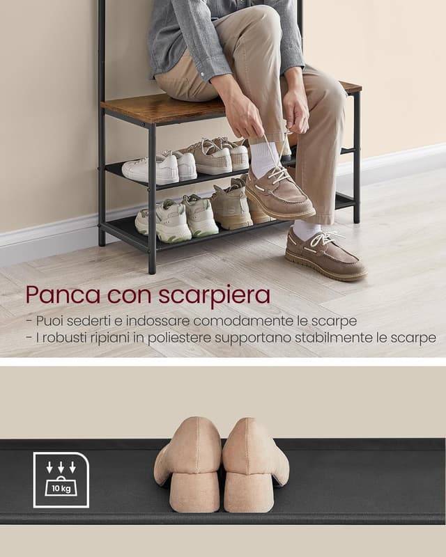 Detalle de VASAGLE HSR421B01 Appendiabiti da ingresso con panca, scarpiera e 9 ganci rimovibili