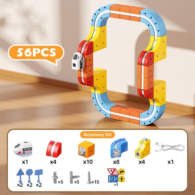 Detalle de 56 Pezzi Trenino Elettrico per Bambini: pista magnetica DIY a cubi 3D per bimbi 3-8 anni