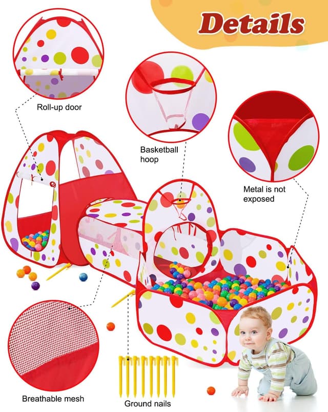 Thumbnail 2 de MAIKEHIGH 3 in 1 Kids Play Tent with Pop-Up Crawl Tunnel & Ball Pit (Foldable Indoor/Outdoor Playhouse)