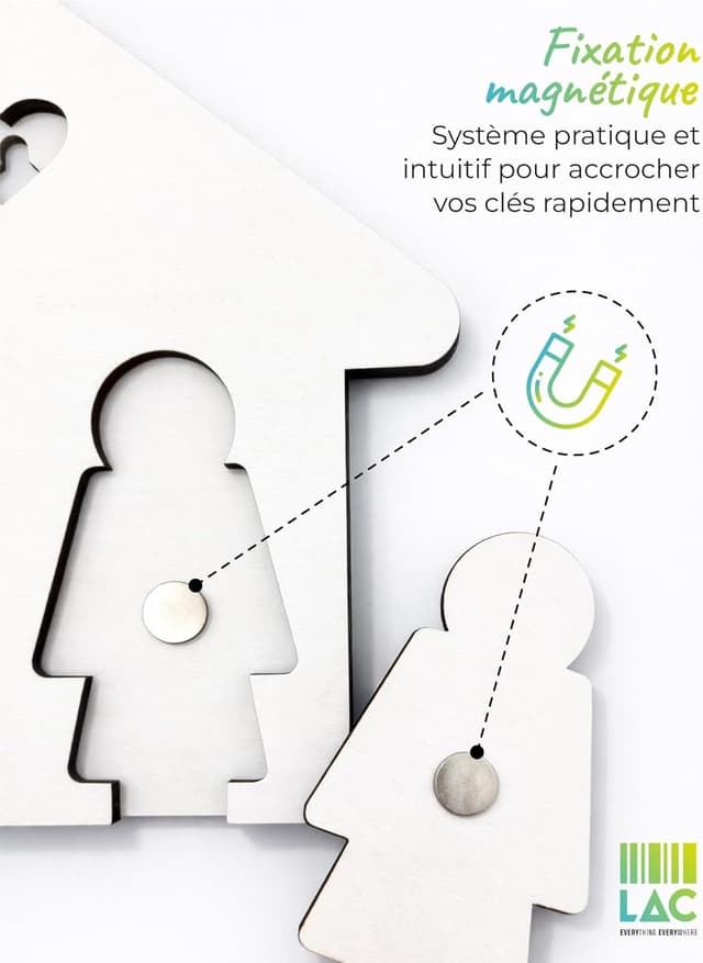 Detalle de Porte-clés couple en bois LAC « Porte Clé Couple » – maison avec 2 personnages et 2 anneaux