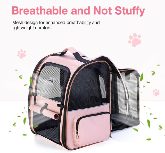 Detalle de Lekesky Large Cat Carrier Backpack Expandable (Pink) – Pet backpack for small dogs & medium cats up to 25 lbs