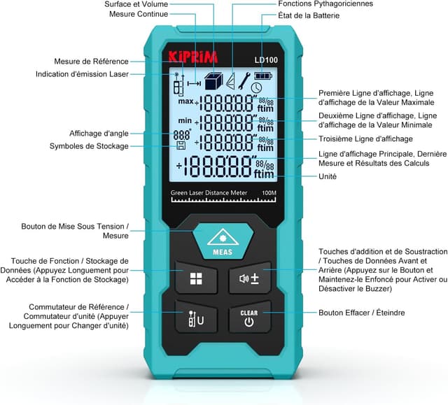 Detalle de Kiprim LD100 – télémètre laser vert 100 m avec niveau électronique, précision ±2 mm et charge USB Type-C