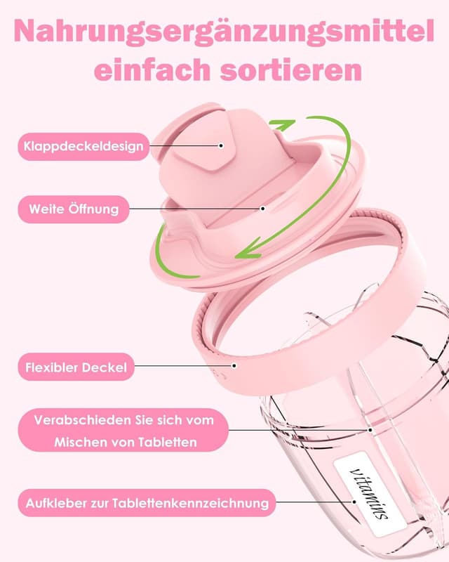 Detalle de Tablettenbox 7 Tage „Morgens Mittags Abends“ – runde 7-Fächer-Organizer mit weiter Öffnung, Anti-Verwechslung & Etiketten