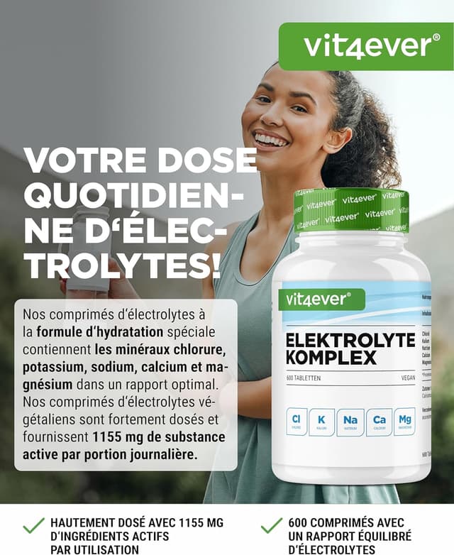 Detalle 2 de Vit4ever Vit4ever Électrolytes – 600 comprimés véganes avec magnésium, calcium, potassium, sodium et chlorure