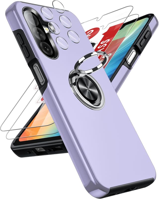 Detalle de LeYi Galaxy A26 5G case with tempered glass, camera lens protectors and invisible 360° ring holder (Purple)