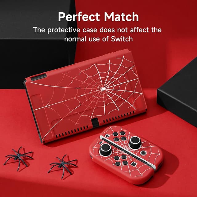 Detalle de JINGDU TPU Case for Nintendo Switch OLED (2021) with 4 Thumb Grips – Red Spider Web