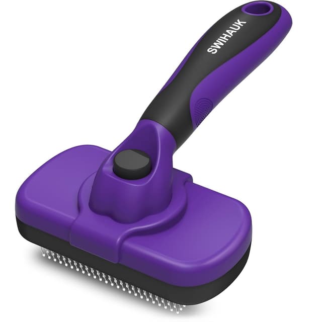 Detalle de Swihauk Self-Cleaning Slicker Brush for Dogs & Cats (Purple) — Skin-Friendly Grooming for Shedding