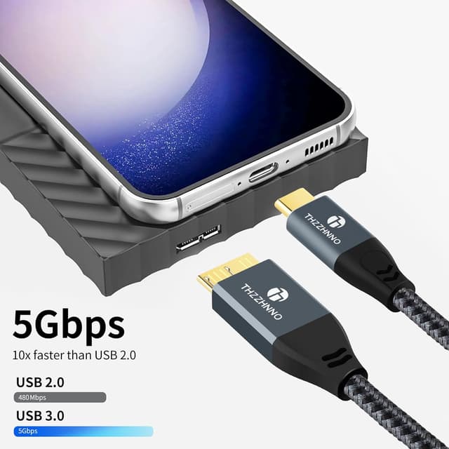 Detalle de Thzzhnno USB‑C auf Micro‑B Kabel (2 m) mit 5 Gbit/s – für externe Festplatten und Geräte mit Micro‑USB‑3.0