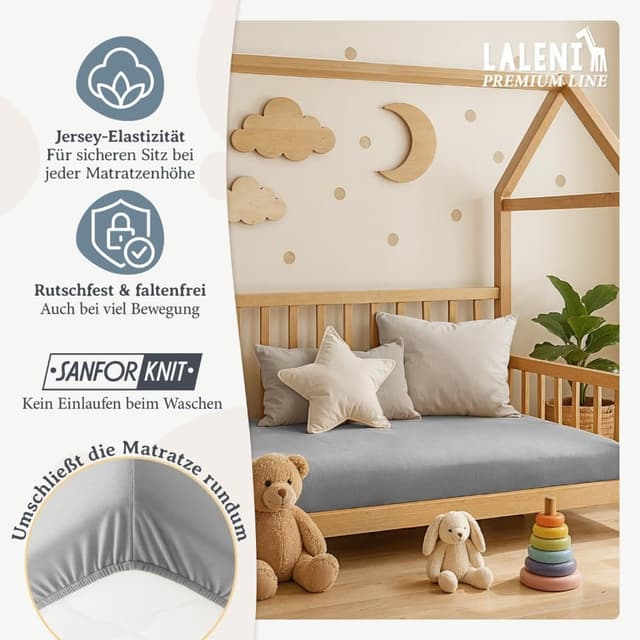 Detalle de Laleni Premium Spannbettlaken 50x89 cm aus 100% Baumwolle, für Baby- & Kinderbett (grau), OEKO-TEX zertifiziert