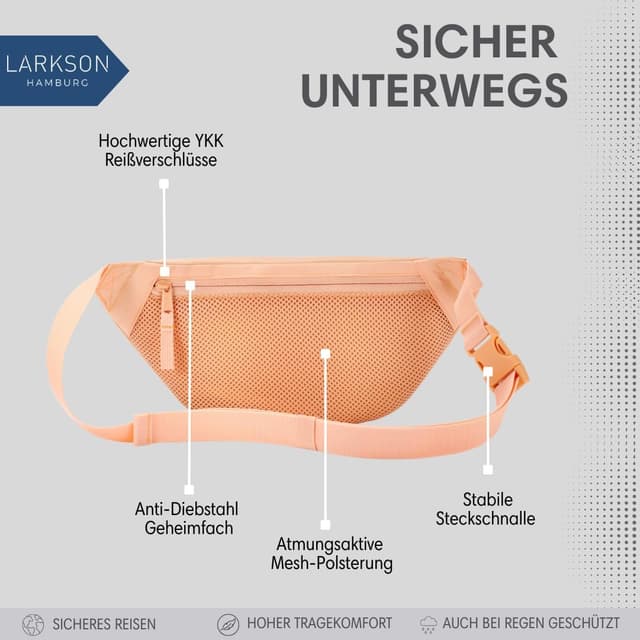 Detalle 2 de LARKSON Bauchtasche für Damen & Herren Pfirsich „Ole“ – wasserabweisende Hüfttasche für Sport, Outdoor & Stadt