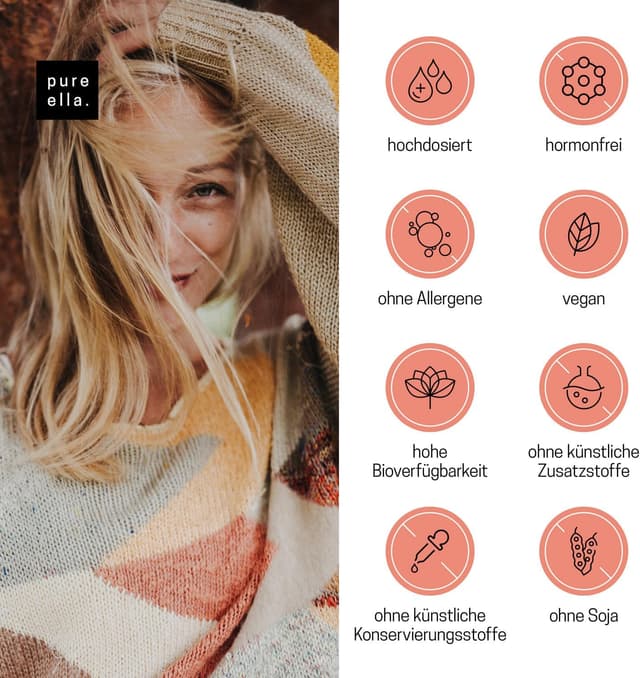 Detalle de Pure Ella Vitalstoffkomplex für Frauen mit Mönchspfeffer, Frauenmantel, Safran, Vitamin C, B6 & Zink – 60 Kapseln