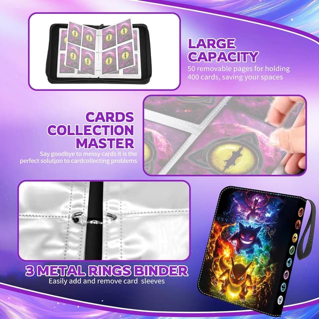 Detalle 2 de Sammelalbum für Karten – PU-Kartenhalter mit Reißverschluss, 50 Seiten (bis 400 Karten)