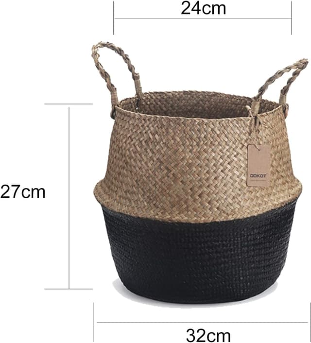 Detalle 2 de DOKOT Seegras-Korb als Blumentopf, Wäschekorb & Aufbewahrung – Naturkorb gewebt, mit Griff (Schwarz)