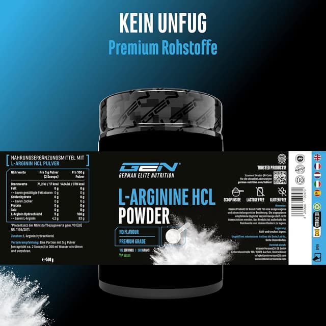 Detalle 2 de L-Arginin HCL (Hydrochlorid) 500 g – pflanzliches L-Arginin Hydrochlorid Pulver, rein ohne Zusätze, vegan