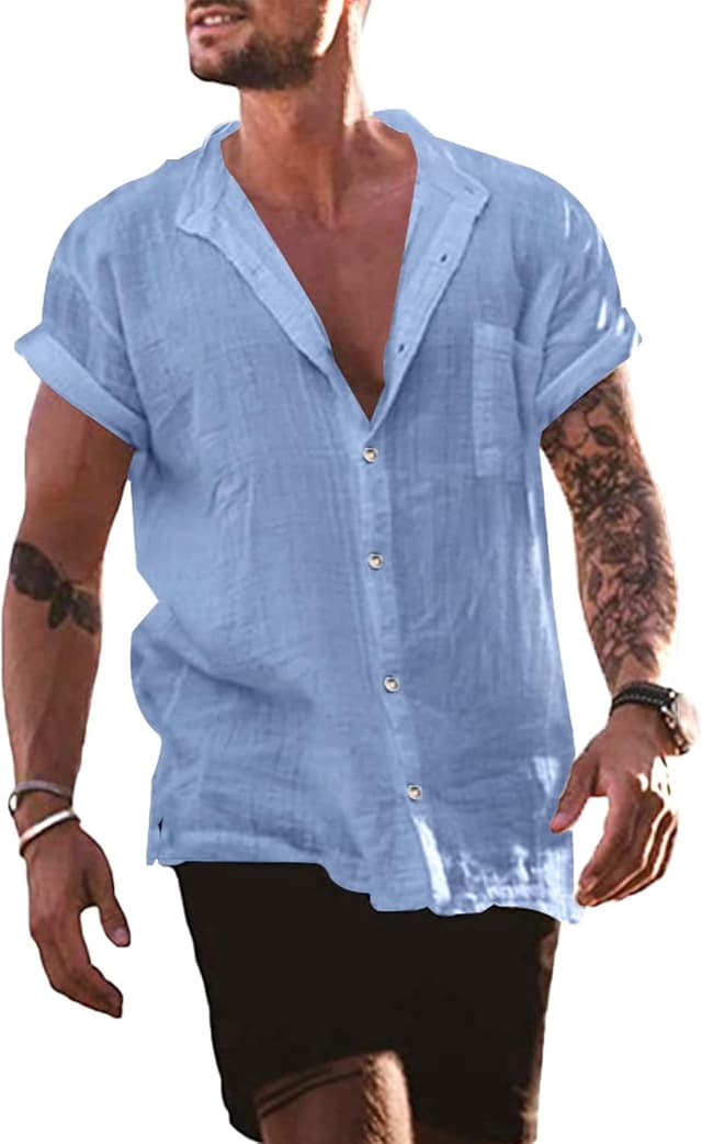 Detalle de YAOBAOLE Chemise en lin et coton pour homme à manches courtes, boutons et col mao