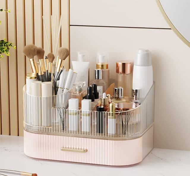 Detalle de STORICANS Makeup Organiser with 360 Rotating Brush Holder and Stackable Drawers (Pink)