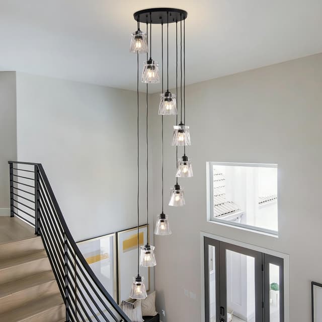 Detalle 2 de FRIXCHUR High Ceiling Long 9-Light Black Crystal Pendant Chandelier for Stairwells & Double-Height Spaces