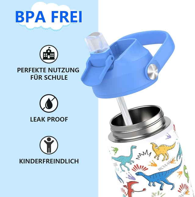 Detalle de Ntswasd boys insulated water bottle with straw (350 ml) – stainless steel, leak proof for school