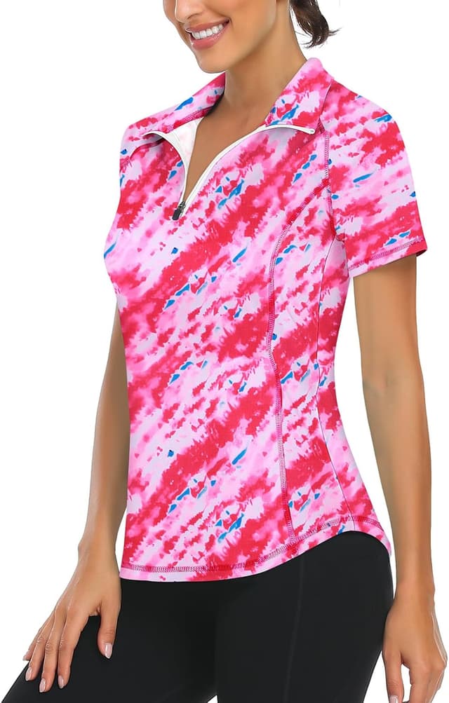 Detalle de Syphiby women’s 1/4 zip polo gym top (short sleeve, moisture wicking) for training and golf