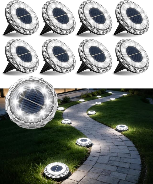 Detalle de 8 Pack Solar Ground Lights Outdoor – 8 LED Solar Disk Lights with 600mAh Battery, IP68 Waterproof (Bright White)