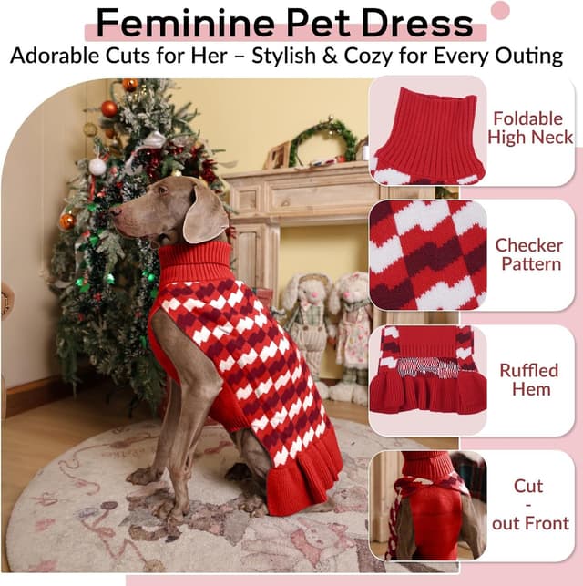 Detalle de OUOBOB Christmas Dog Dress for Female Dogs (Warm Knitted Jumper Dress with Skirt) – Red, 5XL