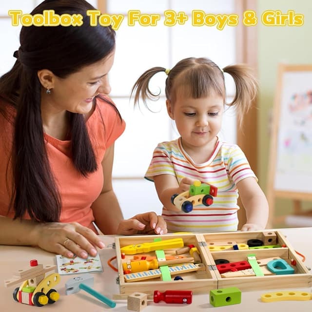 Detalle de Wooden Toys Kids Tool Set Wooden Tool Box Kit (34 pcs) for Pretend Play & Learning