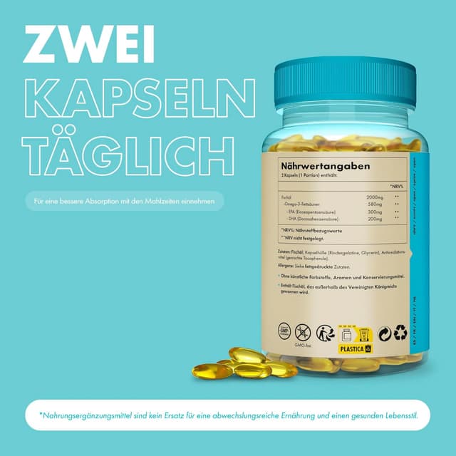Detalle 2 de Incite Nutrition Omega 3 Fischöl-Kapseln 2000 mg (EPA & DHA) – 360 Softgel-Kapseln