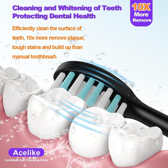 Detalle 2 de Acelike Whitening Electric Toothbrush (Black) — Rechargeable Sonic Brush with 8 Heads, 5 Modes, Smart Timer, IPX7