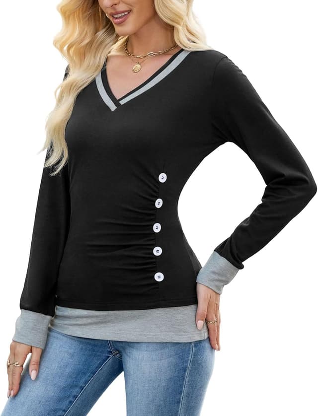 Detalle de Quatrefox Damen Sweatshirt/Farbblock Shirt mit V-Ausschnitt – Langarm-Oberteil lässig-elegant für Frühling & Herbst