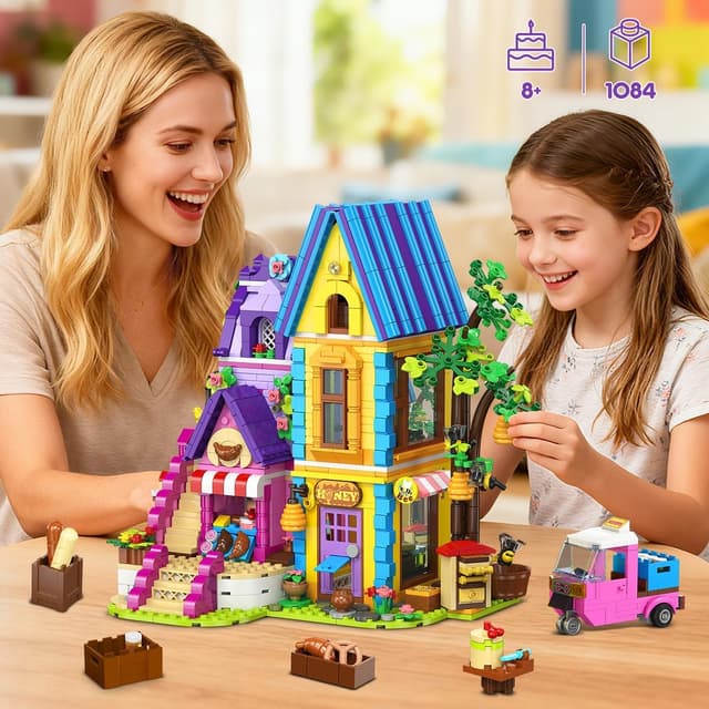 Thumbnail 3 de HOGOKIDS Bienenhaus & Bäckerei Haus Bauspielzeug mit LED-Licht – 1084-teilige Backset-Spielwelt