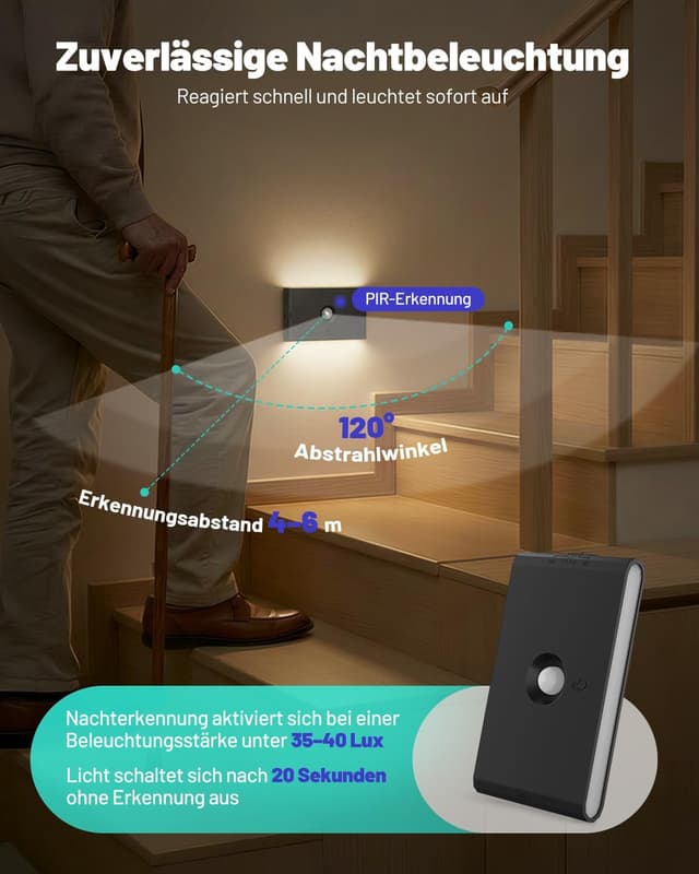 Detalle de LED Nachtlicht mit Bewegungsmelder & Dämmerungssensor – 3 Modi, dimmbar, 3 Farbtemperaturen, wiederaufladbar (8er Set)