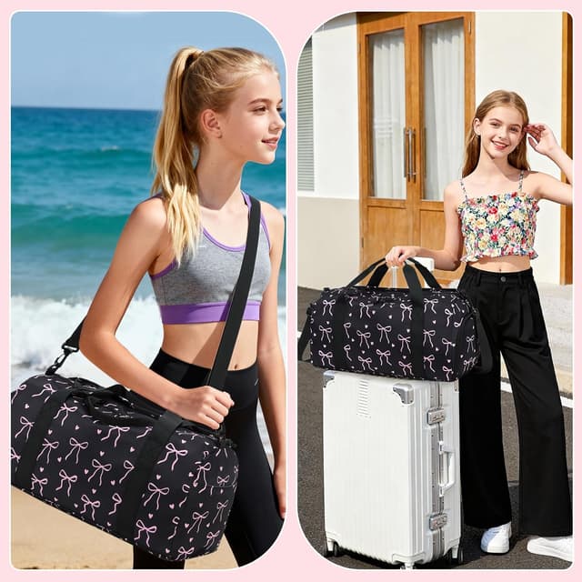 Detalle 2 de LOIDOU Sporttasche Reisetasche mit großem Schuhfach & Nassfach – Schwarz/Rosa (Herz + Bogen)