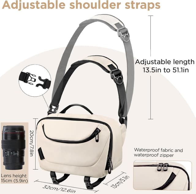 Detalle de TAAOKA Kameratasche wasserdicht mit Stativhalterung (Beige) – Crossbody für DSLR/SLR/Spiegellose