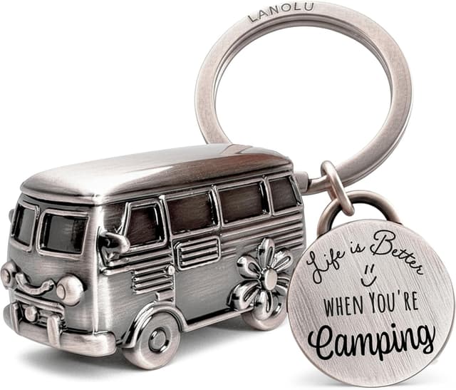 Detalle de Porte-clés LANOLU Camping en métal argenté (bus de camping 3D) avec message « Life is Better when you're Camping »