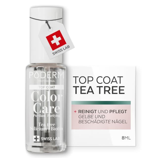 Detalle de PODERM Top Coat Glanz & Schutz mit Teebaumöl – Color Care für langanhaltenden Nagellack-Finish
