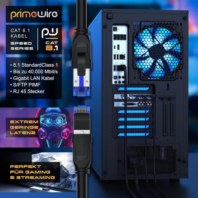 Detalle de CSL-Computer CSL 2m Netzwerkkabel CAT 8 (CAT 8.1, Klasse 1) S/FTP mit RJ45 – 40-Gbit/s LAN Patchkabel, schwarz