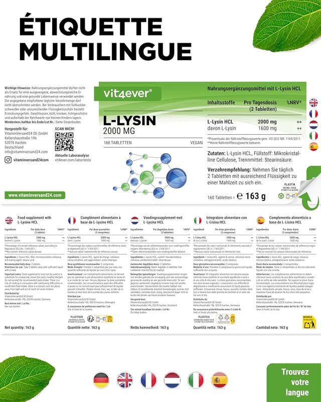 Thumbnail 5 de L-Lysine 2000-160 comprimés – 1000 mg par comprimé