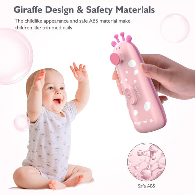 Detalle de Elektrische Baby-Nagelfeile Megainvo – Baby-Nagelpflegeset mit Aufsätzen, Licht und Staubschutz (13-teilig)