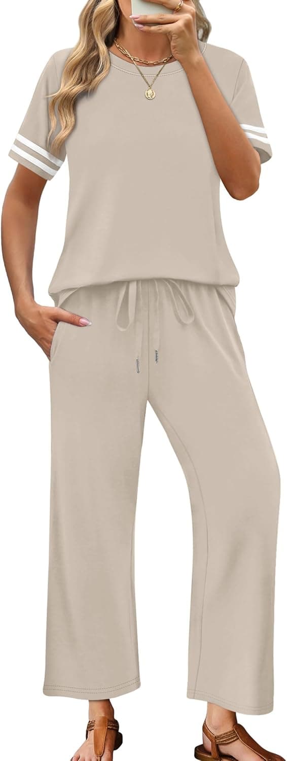 Detalle de WIHOLL Two-Piece Lounge Set for Women: Striped Short-Sleeve Top & Wide-Leg Pants