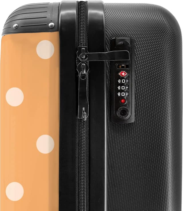 Detalle 2 de NoBoringSuitcases.com Handgepäck-Koffer Trolley 55×35×20 cm mit 4 Rollen – Hartschale mit Zahlenschloss (Punkte, Orange/Weiß)