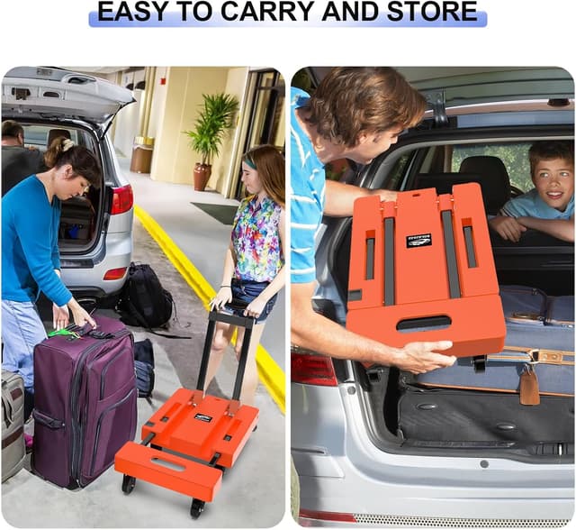 Detalle de SOLEJAZZ Folding Hand Truck (Portable Dolly) 500LB capacity with 6 wheels, 3-height handle, orange