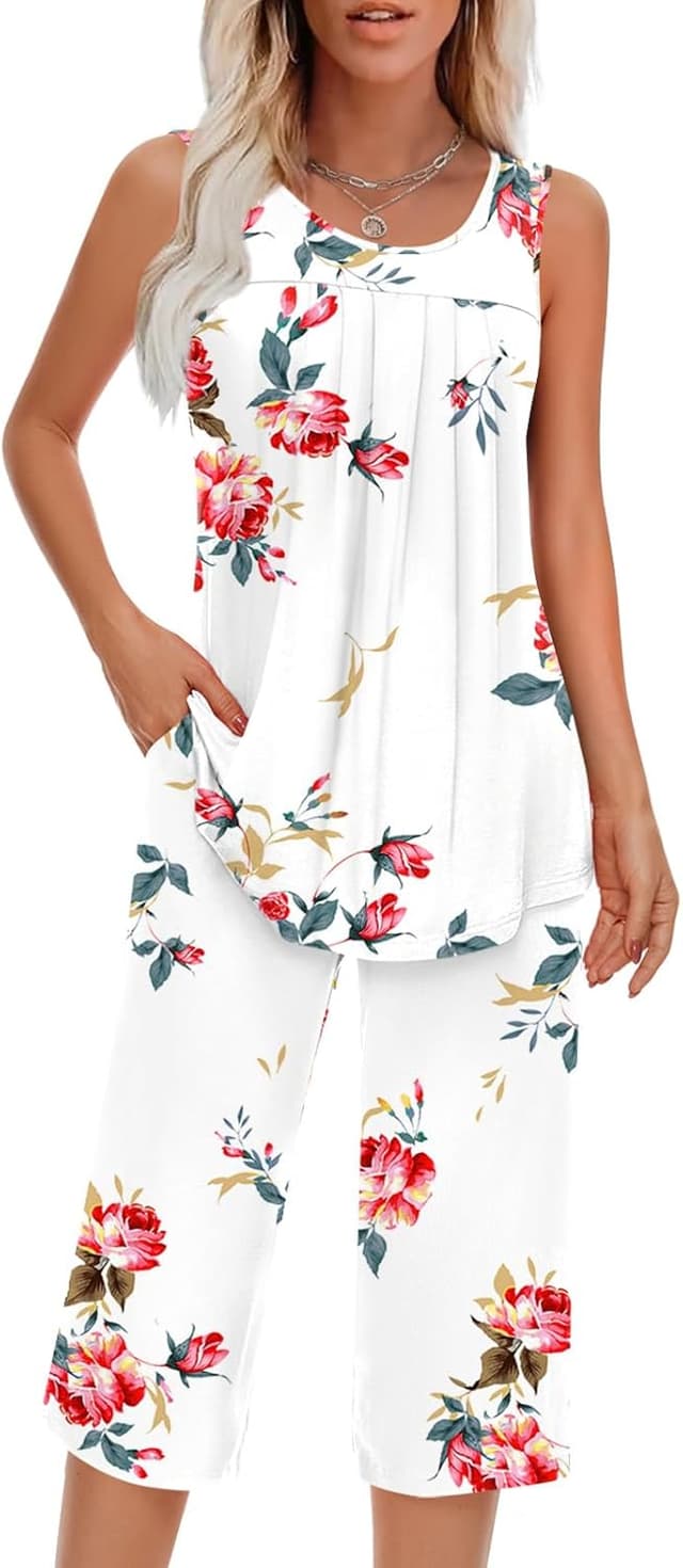 Detalle de Findsweet Women’s Pajamas Set (Sleeveless Tank Top + Pants with Pocket) S-4XL