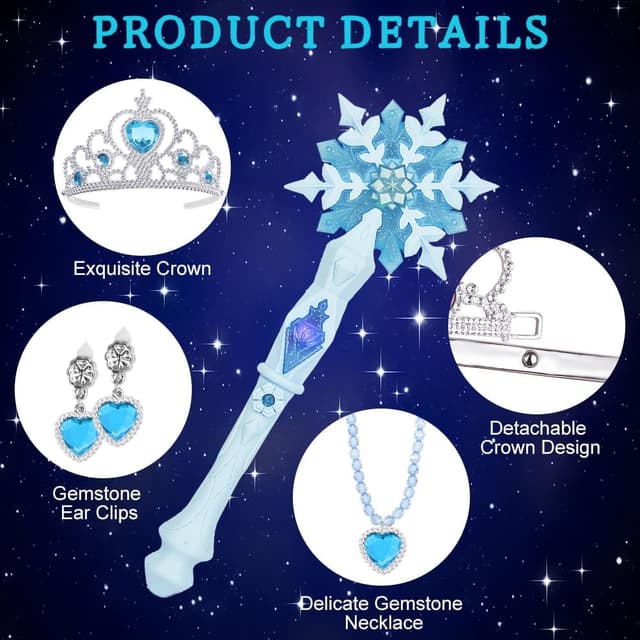 Detalle de AUYAO Bacchetta Magica Bambina LED con fiocco di neve, set con collana e orecchini a corona