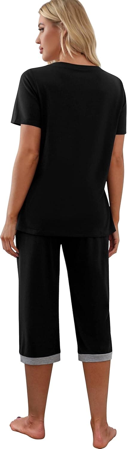 Detalle de PrinStory women’s short sleeve pyjamas set with capri pants and pockets (rayon blend)